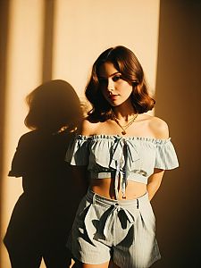 Woman in Light Blue and White Striped Summer Casual Coordinated Set