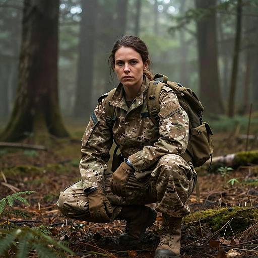 Woman in Camouflage Military Uniform in Forest Tactical Training
