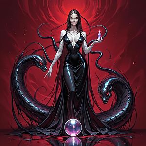 Striking Woman in Black Gown with Serpents and Crystal