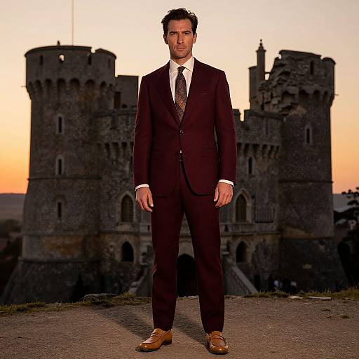 Man in Burgundy Suit Standing in Front of Medieval Castle at Sunset