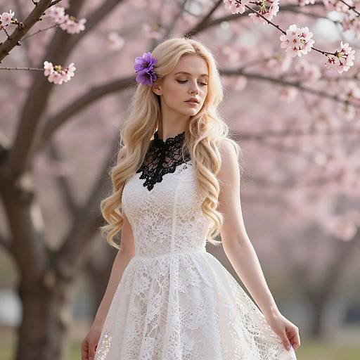 Elegant Woman in White Lace Dress Among Cherry Blossoms