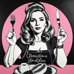 Retro Woman with Fork and Knife on Pink Background