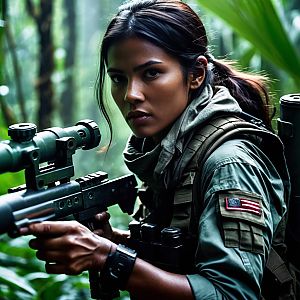 Focused Woman Soldier Aiming in Jungle