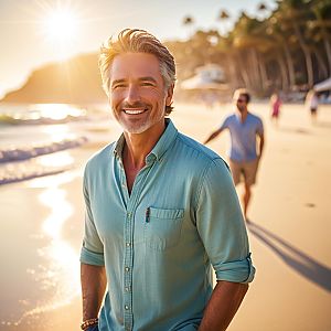 Smiling Man on Beach at Golden Hour