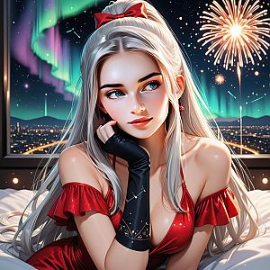 Woman with Silver Hair in Red Outfit against Fireworks and Northern Lights