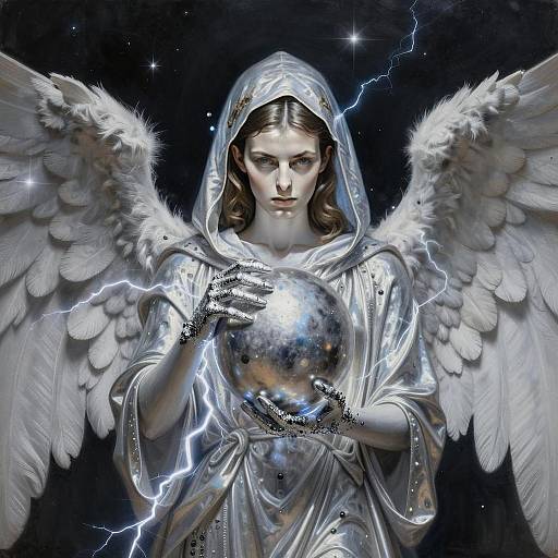 Hyperrealistic Silver Holographic Angel Woman Holding Orb with Lightning