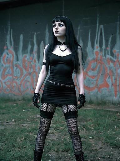 Gothic Woman in Black Dress and Fishnet Stockings with Urban Graffiti Background
