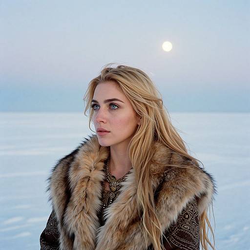 Blonde Woman in Fur Coat on Icy Landscape with Moon