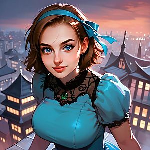Young Woman in Vintage Blue Dress at Sunset Cityscape
