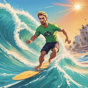 Young Man Surfing a Wave on Yellow Board