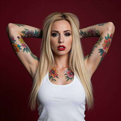 Blonde Woman with Bold Floral Tattoos and Red Lipstick on Red Background