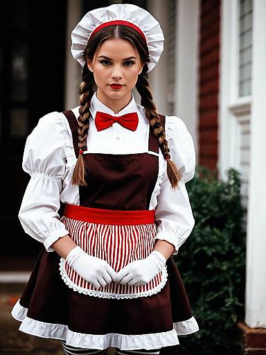 Woman in Classic Annie Costume with Twin Braids and Red Bow