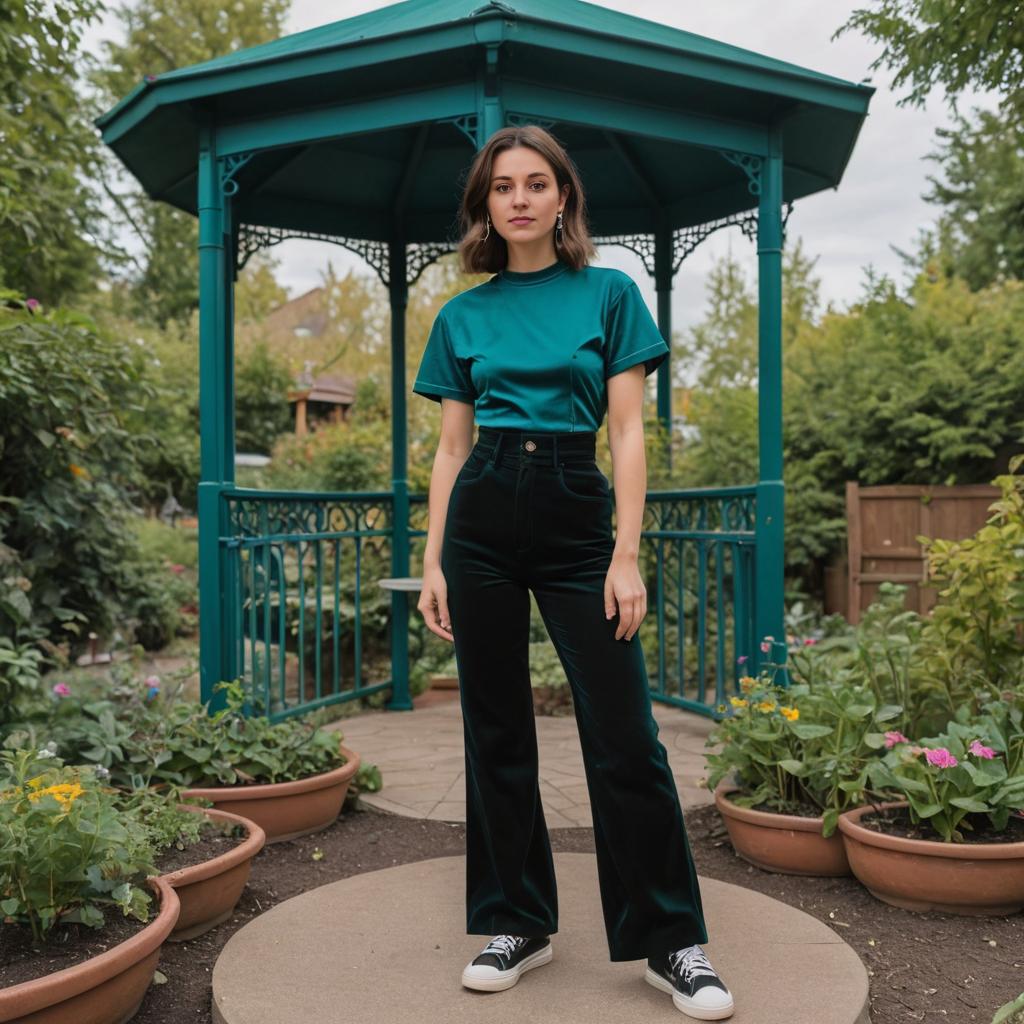 Confident Woman in Casual Chic Style in Garden Gazebo