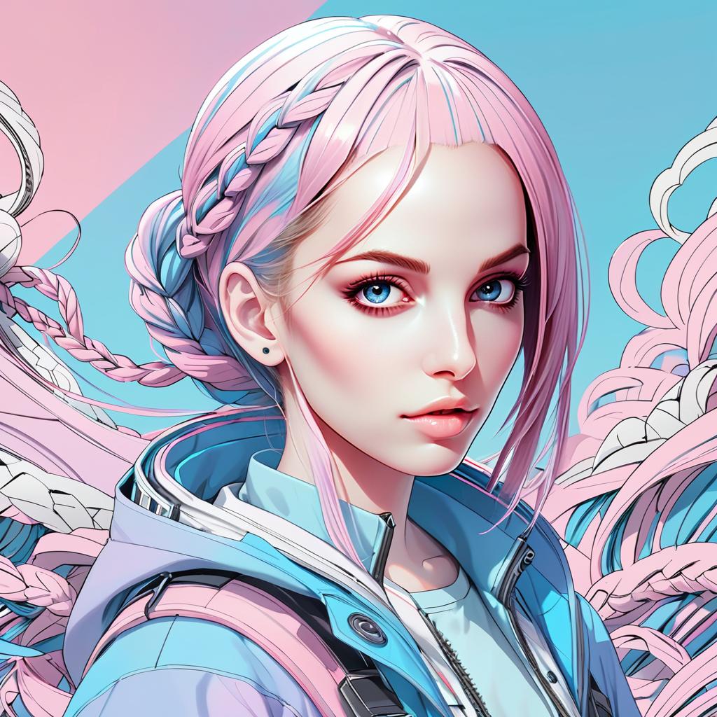 Anime-inspired portrait of a woman with blue eyes and pink hair