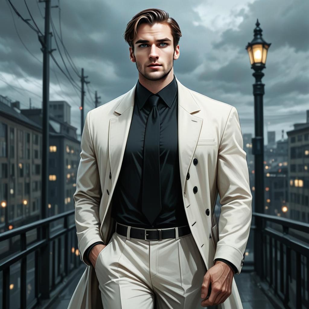 Confident Man in Cream Suit on Urban Balcony at Dusk