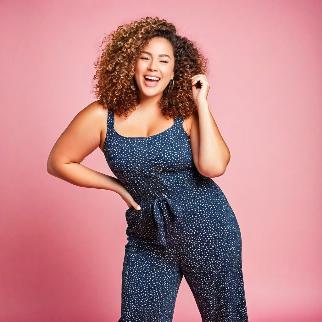 Joyful Woman in Navy Jumpsuit