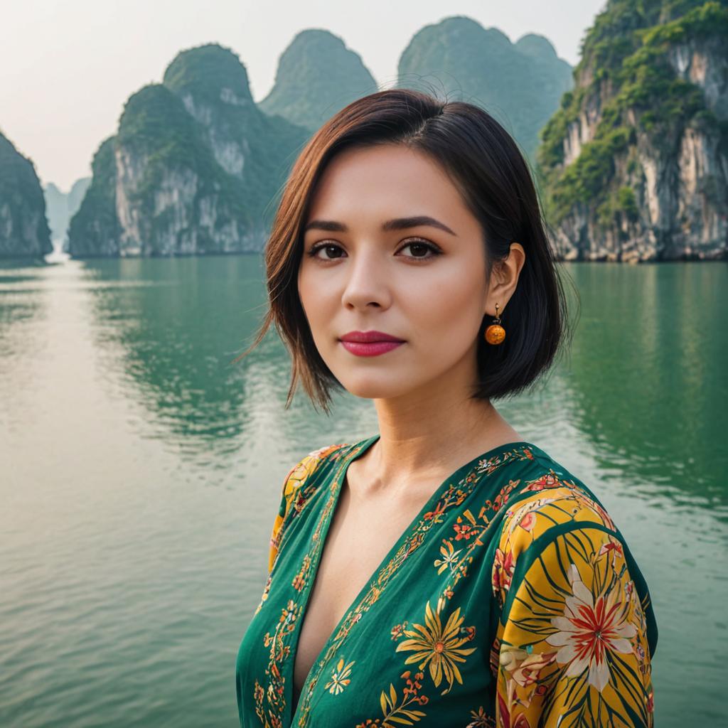 Elegant Woman in Floral Dress Against Limestone Karsts