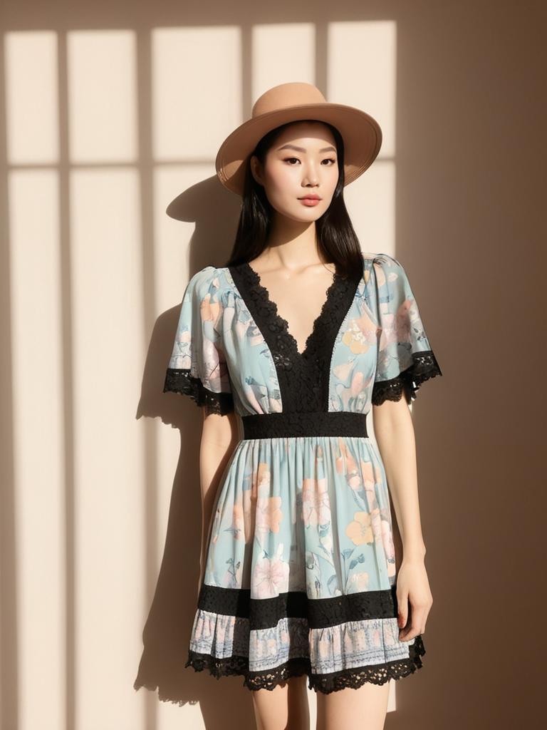 Bohemian Chic Woman in Blue Floral Print Mini Dress with Black Lace