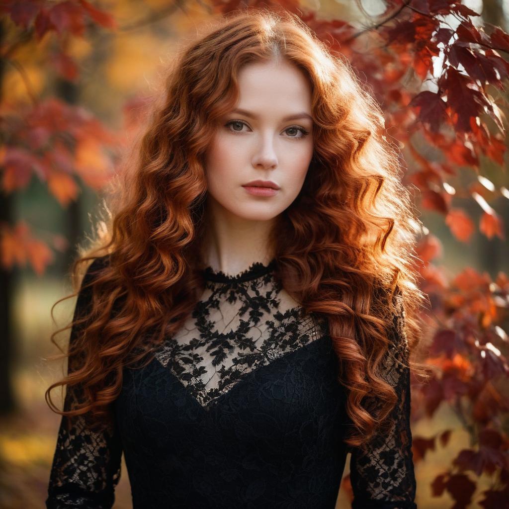 Portrait of Red-Haired Woman in Black Lace Dress Amid Autumn Leaves