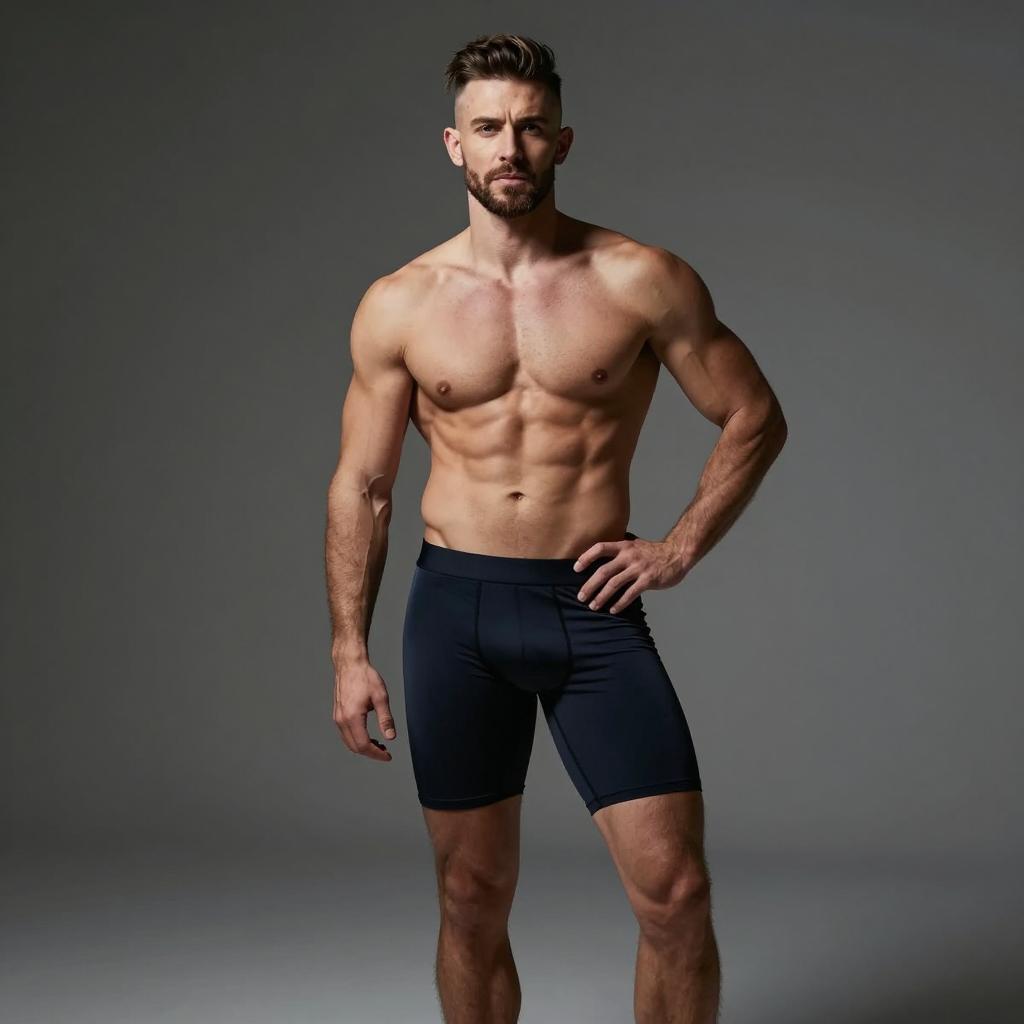 Muscular Man Wearing Black Athletic Compression Shorts Standing Confidently