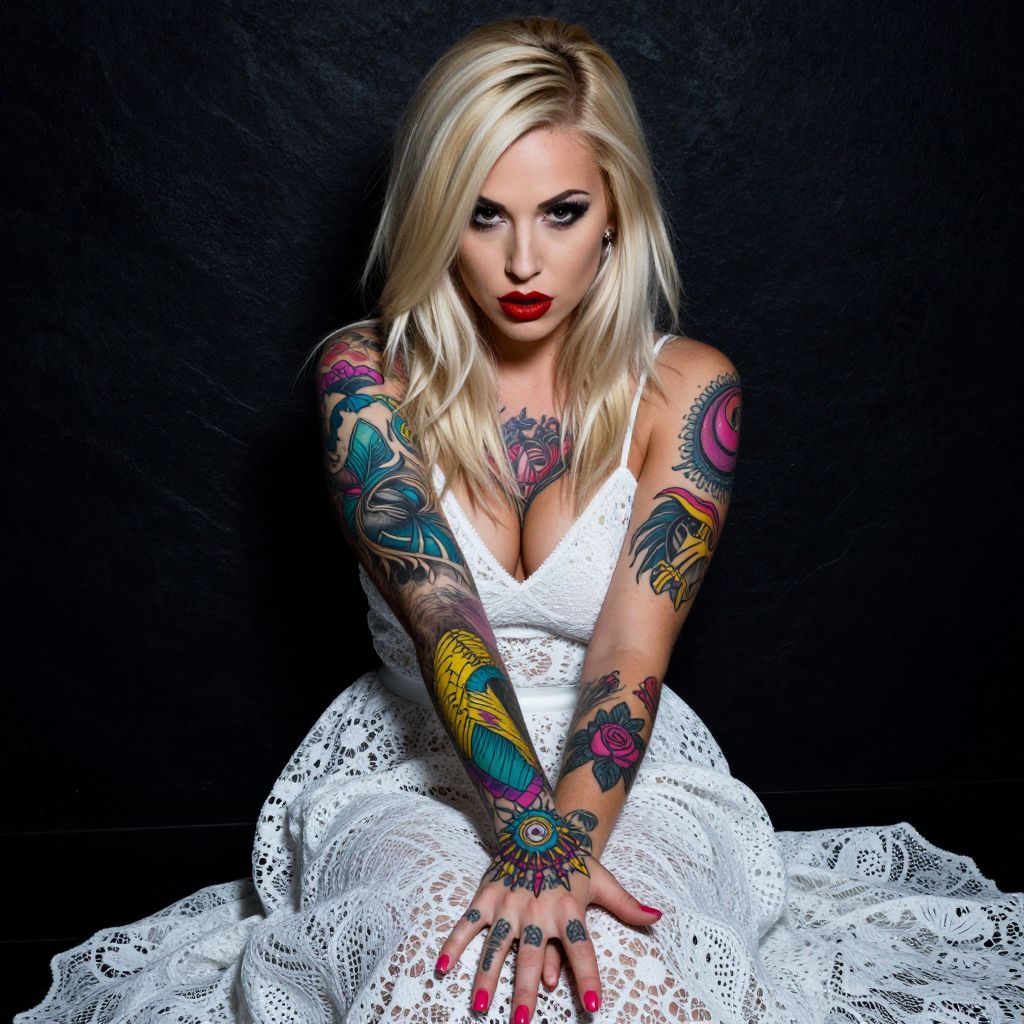 Blonde Woman with Colorful Tattoos in White Lace Dress