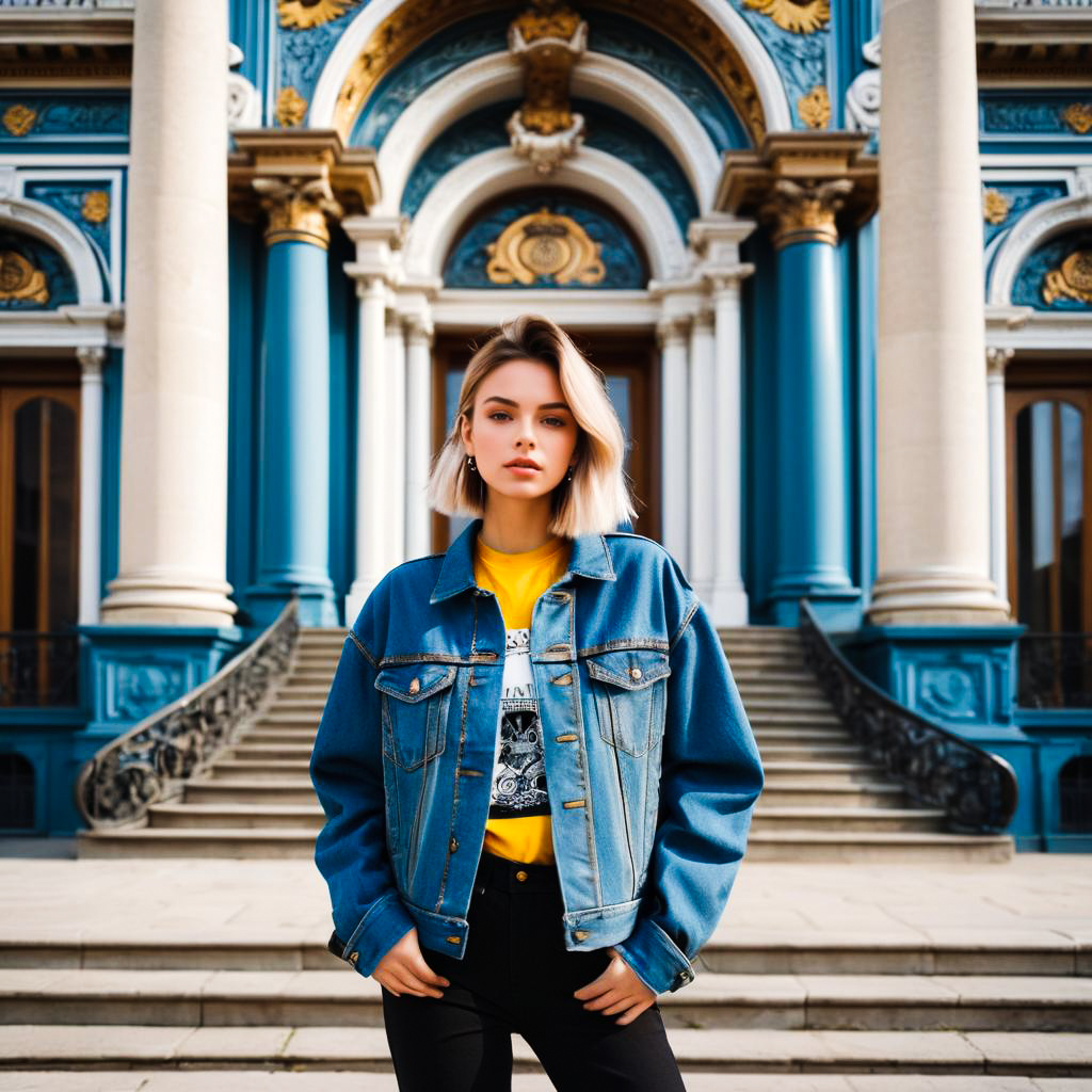 Confident Woman in Denim Jacket Against Historic Building