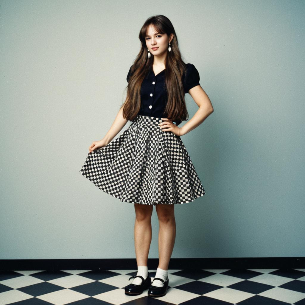 Young Woman in Retro Outfit on Checkered Floor