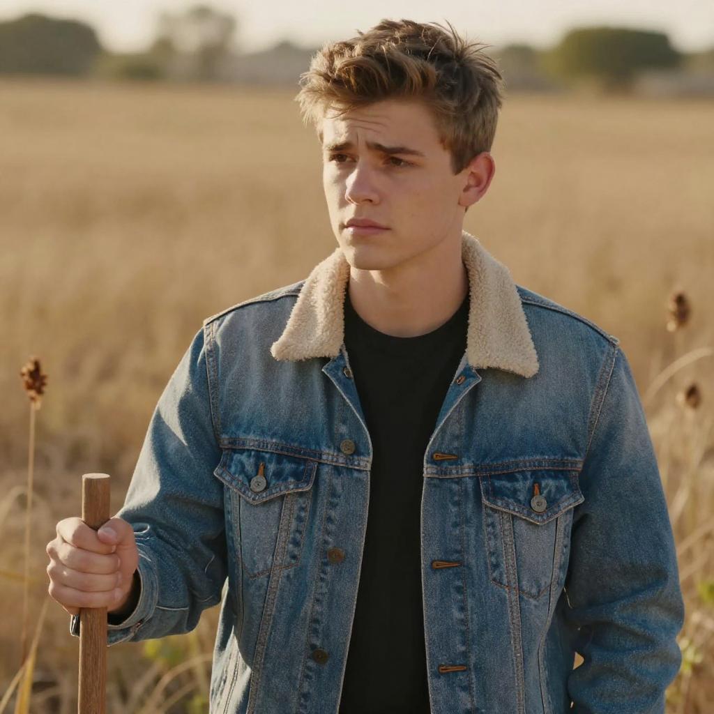 Young Man in Denim Jacket Posing in Golden Field Outdoors