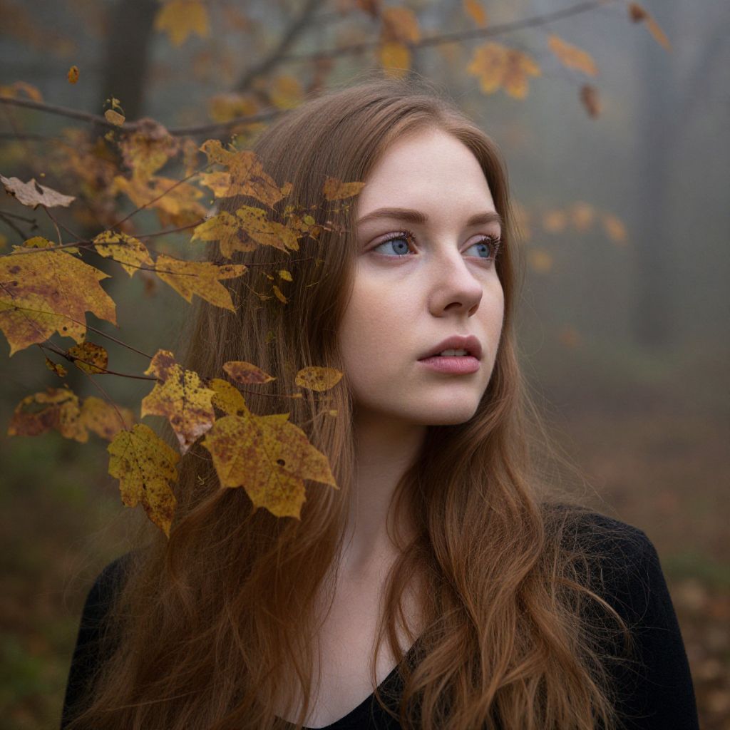 Young Woman with Auburn Hair in Misty Autumn Forest