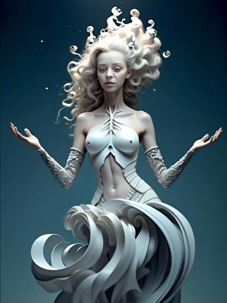 Ethereal Woman with Flowing Hair and Ocean Waves