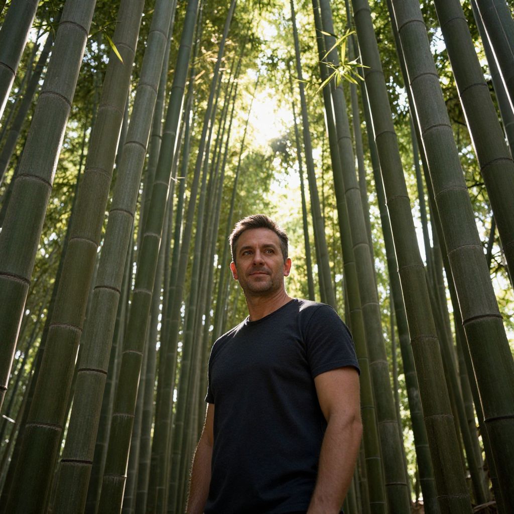Man Standing in Sunlit Bamboo Forest