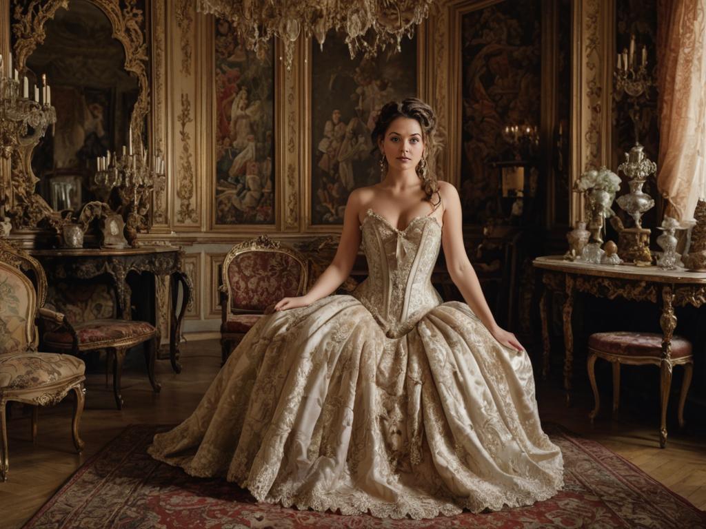 Elegant Woman in Luxurious Ball Gown in Opulent Baroque Room