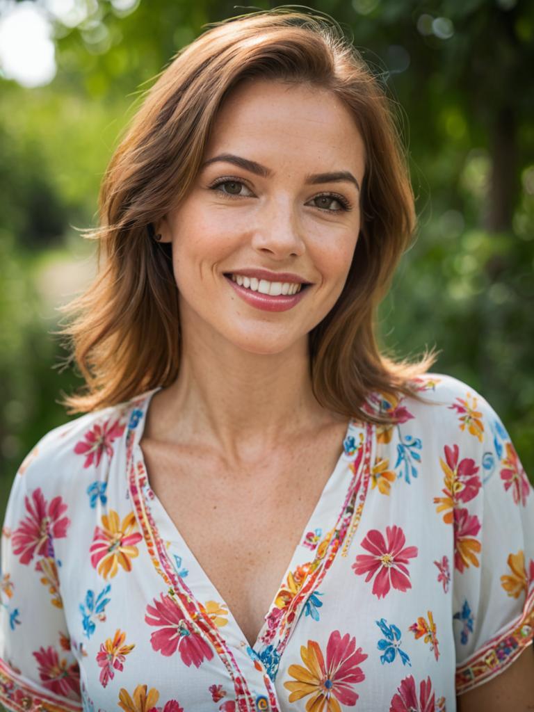 Smiling Woman in Floral Blouse Surrounded by Greenery