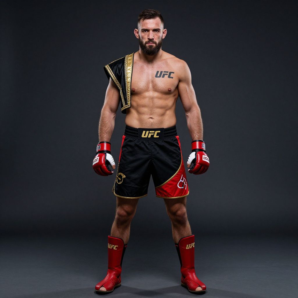 Professional Male UFC Fighter Posing with Championship Robe and Gear