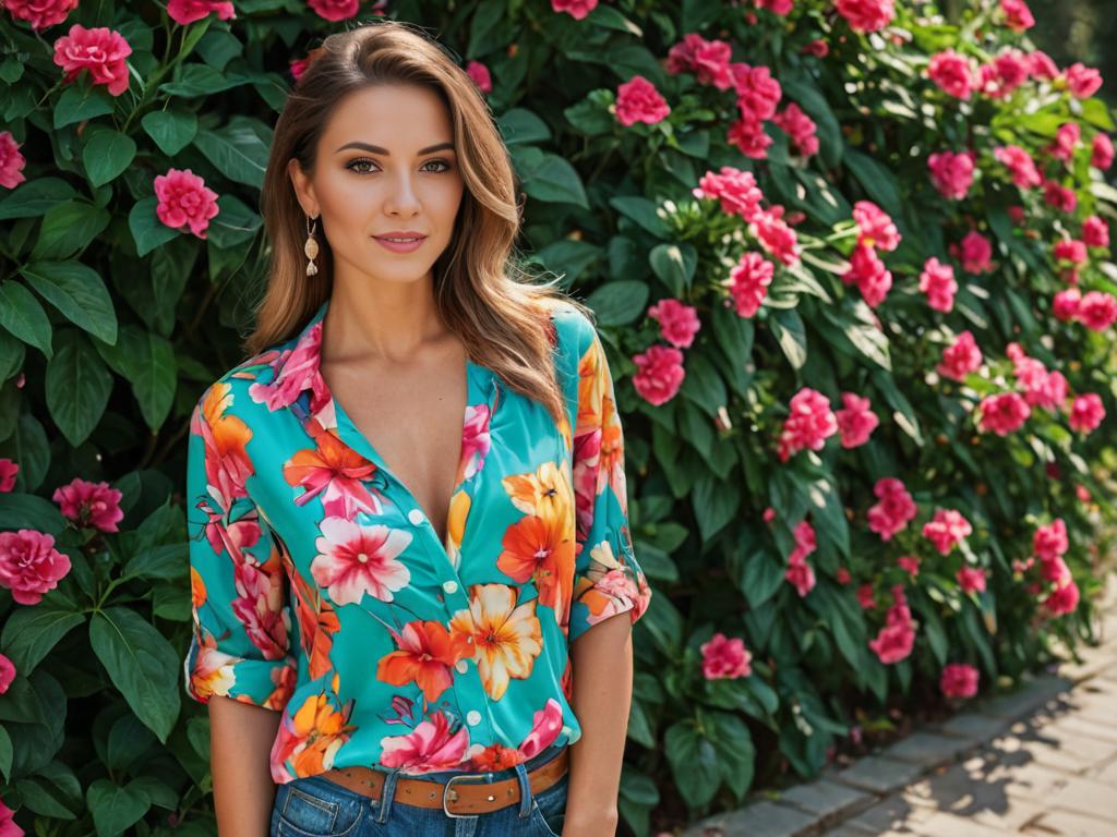 Stylish woman in floral shirt with vibrant pink flowers