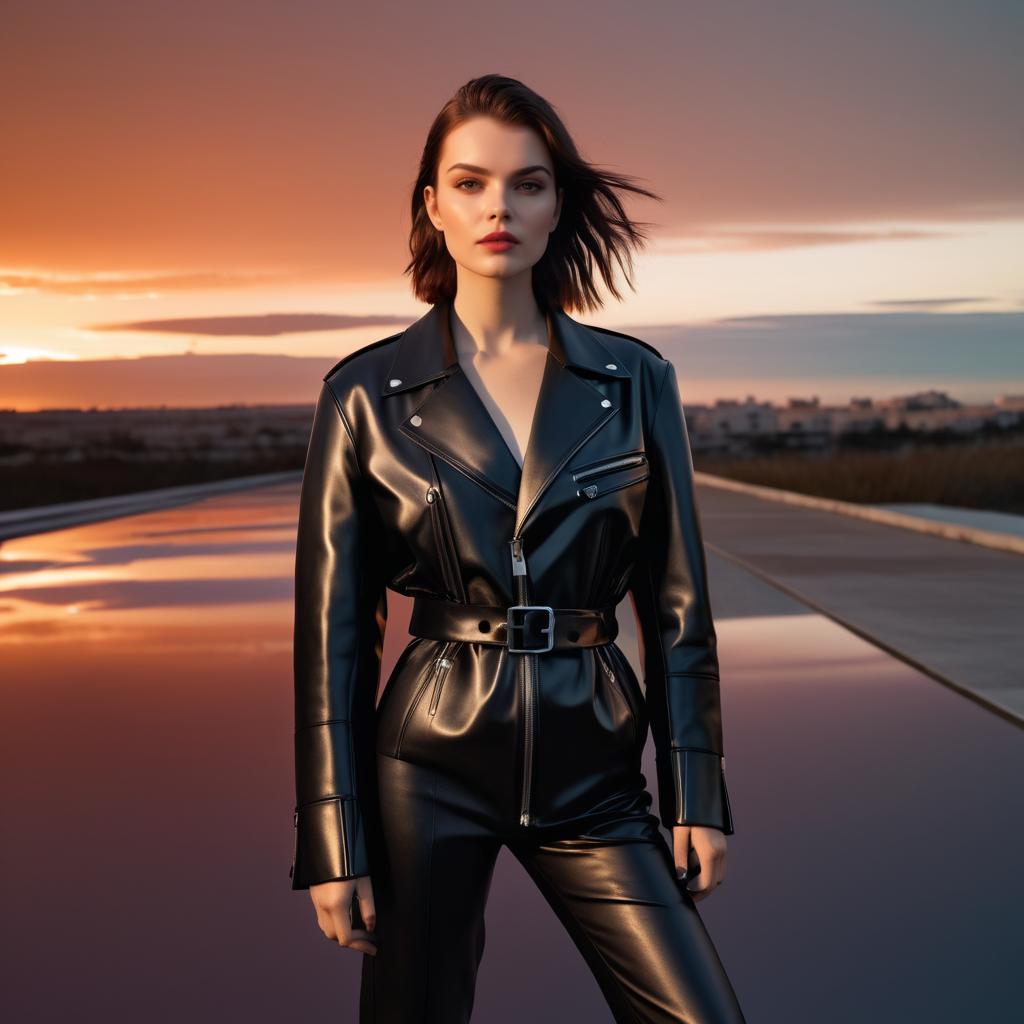 Confident Woman in Black Leather Suit at Sunset