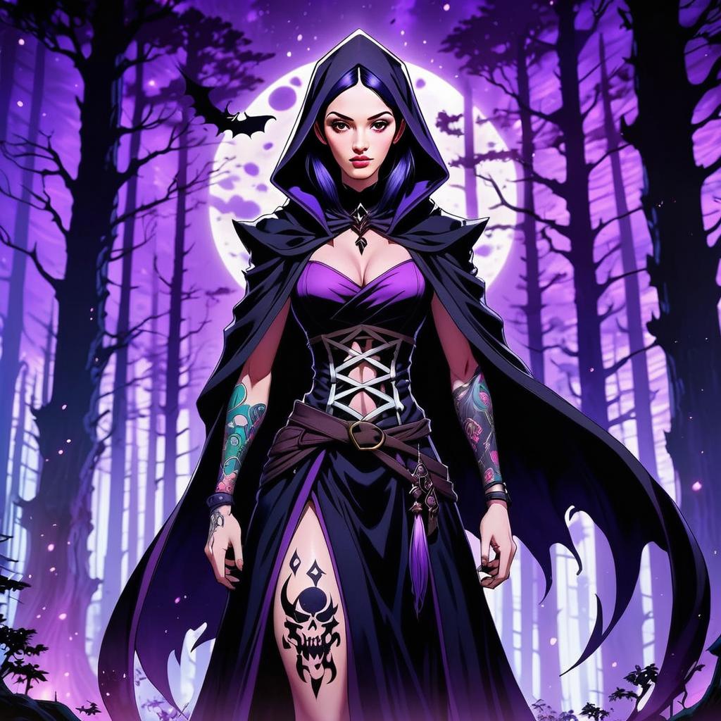 Confident Woman in Gothic Cloak in Eerie Forest with Full Moon Confident Woman in Gothic Cloak in Eerie Forest with Full Moon
