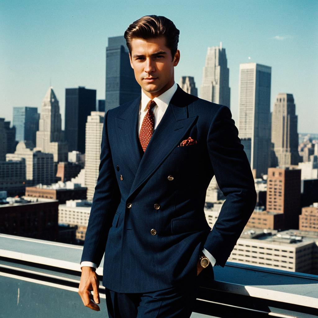 Confident Man in Navy Suit on Rooftop with City Skyline