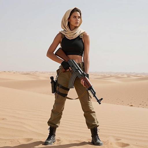 Desert Warrior Woman with Assault Rifle in Tactical Military Outfit