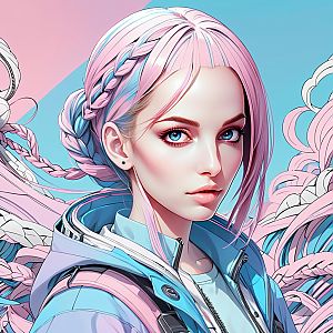 Anime-inspired portrait of a woman with blue eyes and pink hair