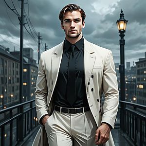 Confident Man in Cream Suit on Urban Balcony at Dusk