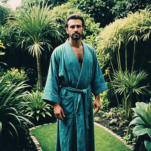 Man Wearing Exotic Teal Robe in Lush Garden