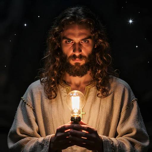 Man Holding Glowing Light Bulb with Starry Night Background