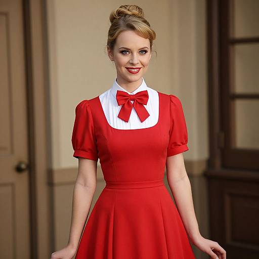 Woman in Vintage Red Dress with Bow Tie, Retro 1950s Style
