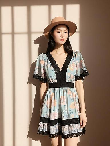 Bohemian Chic Woman in Blue Floral Print Mini Dress with Black Lace