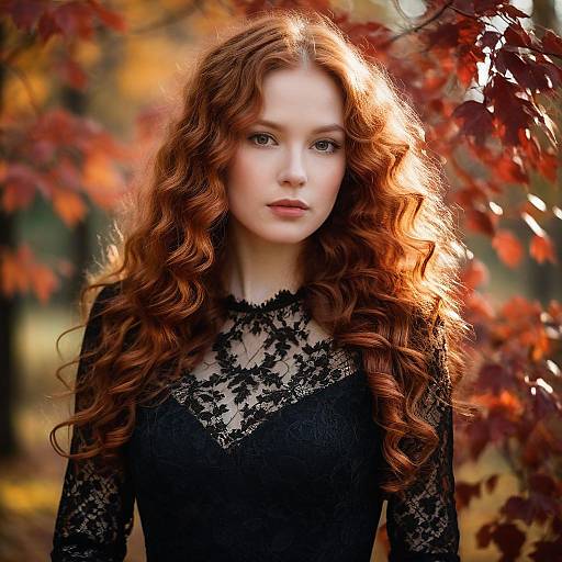 Portrait of Red-Haired Woman in Black Lace Dress Amid Autumn Leaves