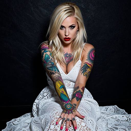Blonde Woman with Colorful Tattoos in White Lace Dress