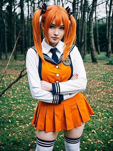 Apricot Orange Japanese School Uniform Anime Cosplay Woman in Forest