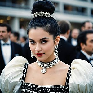 Elegant Woman in Black Dress at Gala with Pearls