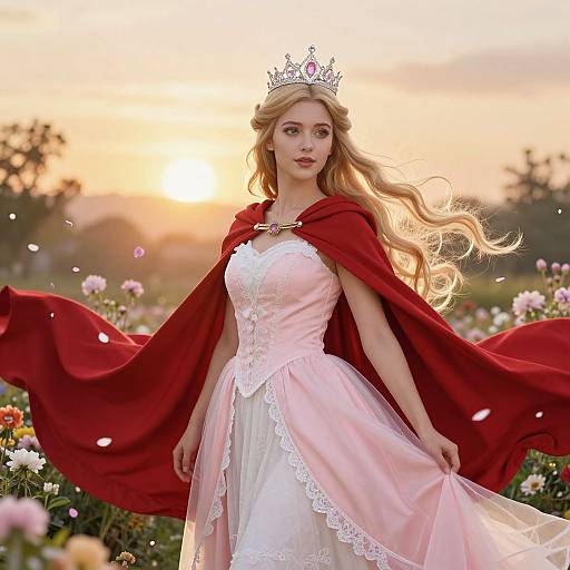 Princess in Pink Gown with Red Cape in Flower Field at Sunset